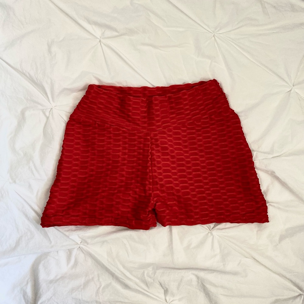 Red scrunch booty shorts